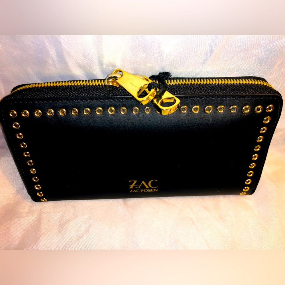 ZAC POSEN CHECKBOOK WALLET BLACK LEATHER WITH GOLD STUDS NEW/TAGS